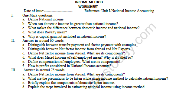 CBSE Class 12 Economics Income Method Worksheet Set A 1