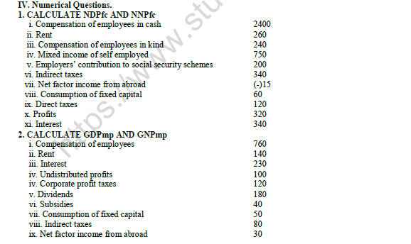 CBSE Class 12 Economics Income Method Worksheet Set A 2