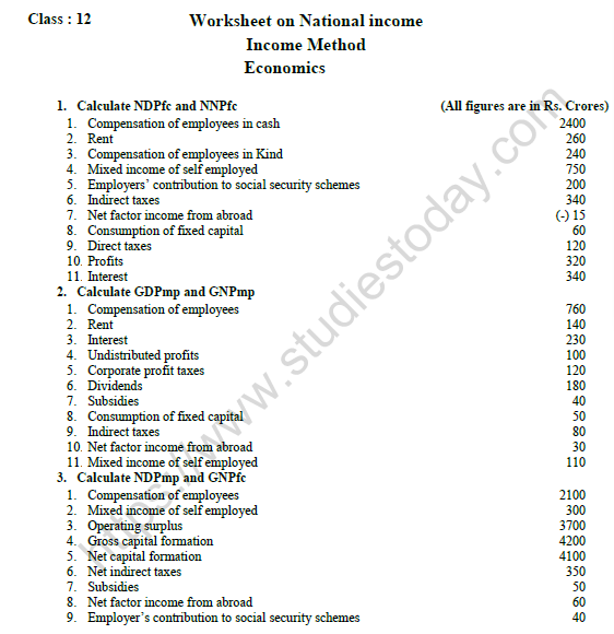 CBSE Class 12 Economics Income Method Worksheet Set B 1