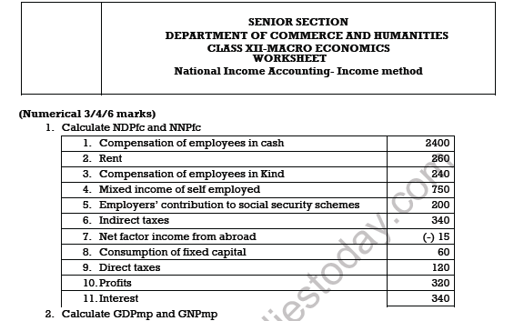 CBSE Class 12 Economics National Income Accounting Worksheet Set C 1