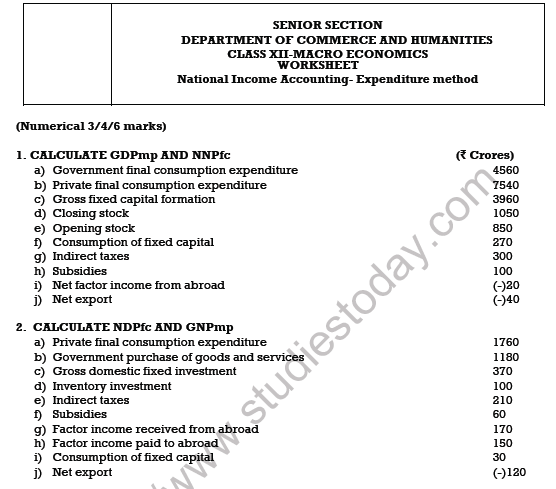 CBSE Class 12 Economics National Income Accounting Worksheet Set D 1