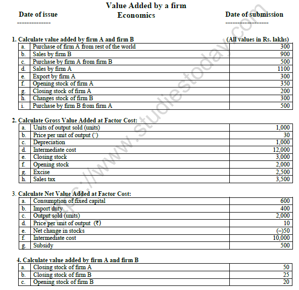 CBSE Class 12 Economics Value Added By A Firm Worksheet 1