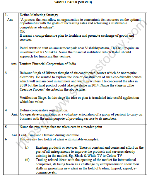 CBSE Class 12 Entrepreneurship Sample Paper 2022 Set A Solved 1