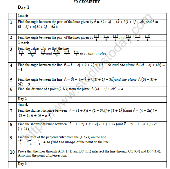 CBSE Class 12 Mathematics 3D Geometry Worksheet Set A 1