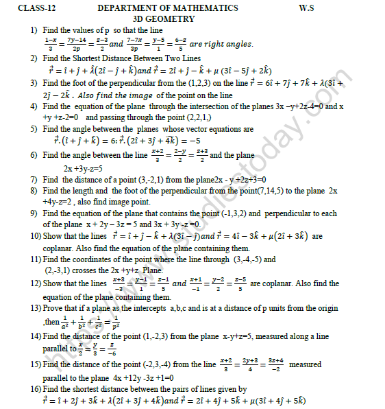 CBSE Class 12 Mathematics 3D Geometry Worksheet Set B