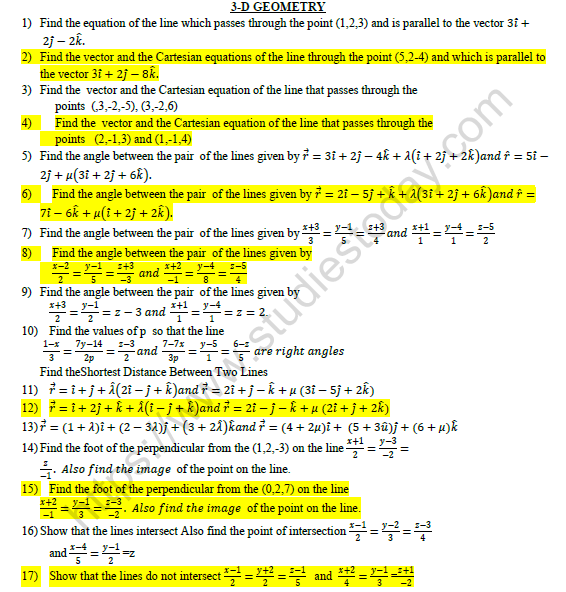 CBSE Class 12 Mathematics 3D Geometry Worksheet Set C