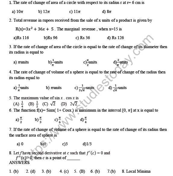 CBSE Class 12 Mathematics Application Of Derivatives MCQs Set A