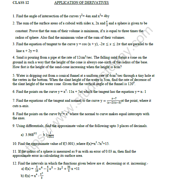 CBSE Class 12 Mathematics Application of Derivatives Worksheet Set A 1