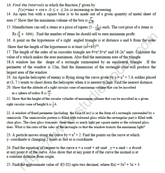 CBSE Class 12 Mathematics Application of Derivatives Worksheet Set A 2