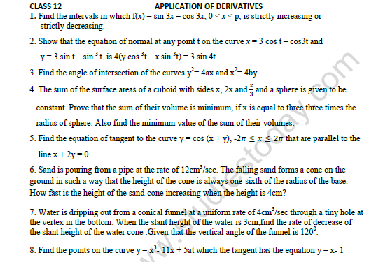 CBSE Class 12 Mathematics Application of Derivatives Worksheet Set B 1