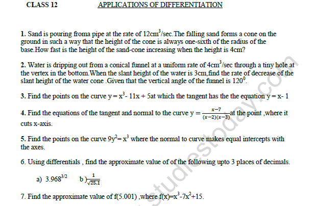 CBSE Class 12 Mathematics Application of Differentiation Worksheet 1