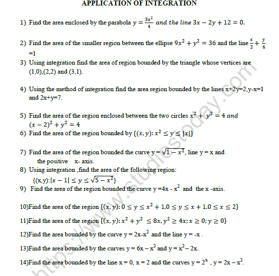 CBSE Class 12 Mathematics Application of Integration Worksheet
