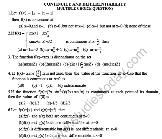 CBSE Class 12 Mathematics Continuity And Differentiability MCQs Set A 1
