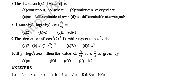 CBSE Class 12 Mathematics Continuity And Differentiability MCQs Set A 2