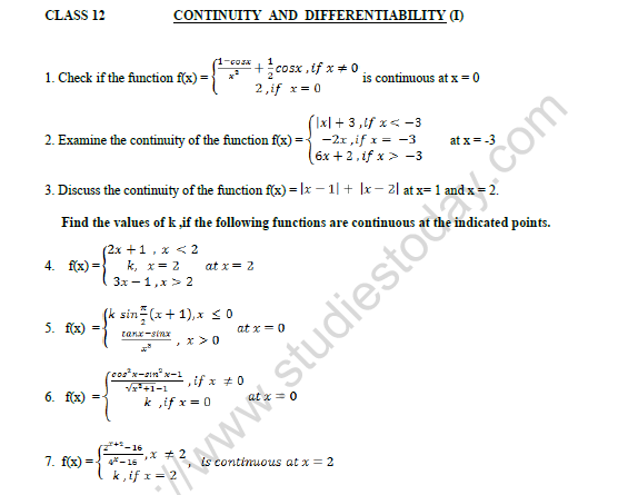 CBSE Class 12 Mathematics Continuity And Differentiability Worksheet Set A 1