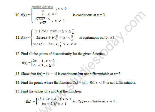 CBSE Class 12 Mathematics Continuity And Differentiability Worksheet Set A 3