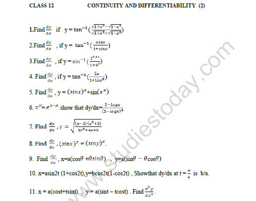CBSE Class 12 Mathematics Continuity And Differentiability Worksheet Set B 1