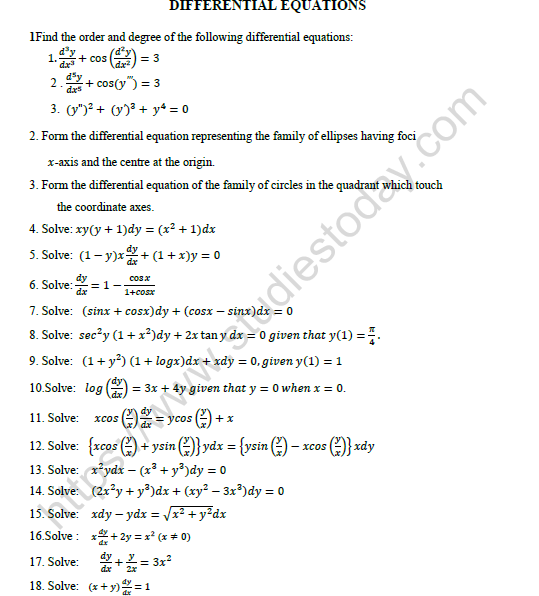 CBSE Class 12 Mathematics Differential Equation Worksheet