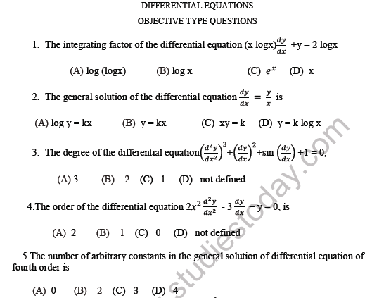 CBSE Class 12 Mathematics Differentials Equation MCQs Set A 1