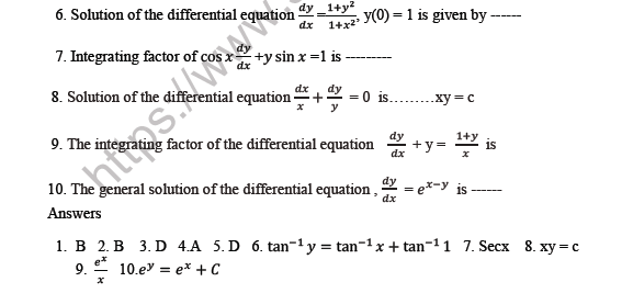 CBSE Class 12 Mathematics Differentials Equation MCQs Set A 2