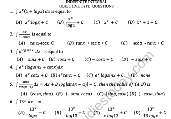 CBSE Class 12 Mathematics Indefinite and Definite Integrals MCQs Set A 1