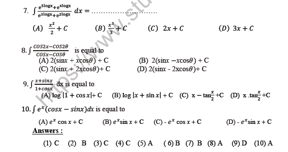 CBSE Class 12 Mathematics Indefinite and Definite Integrals MCQs Set A 2