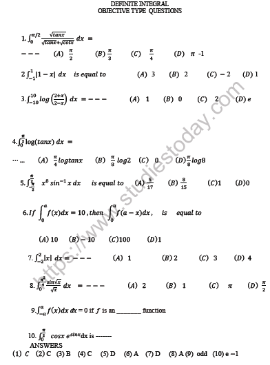 CBSE Class 12 Mathematics Integrals MCQs Set A