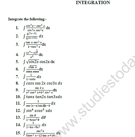 CBSE Class 12 Mathematics Integration Worksheet 1