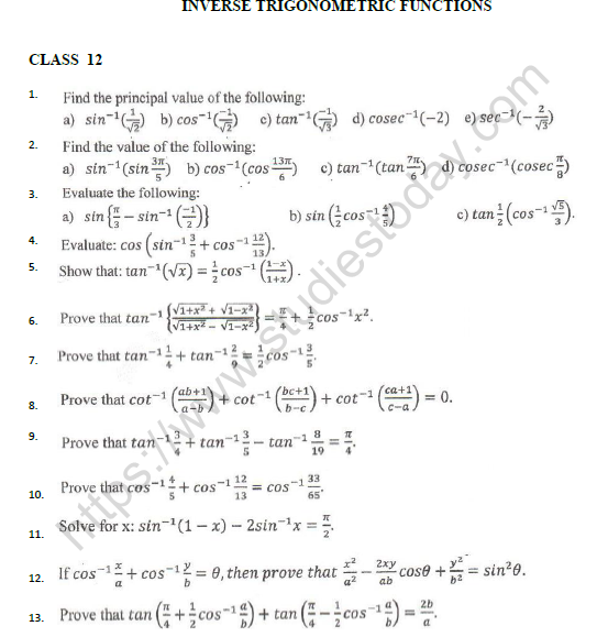 CBSE Class 12 Mathematics Inverse Trignometric Function Worksheet Set A 1