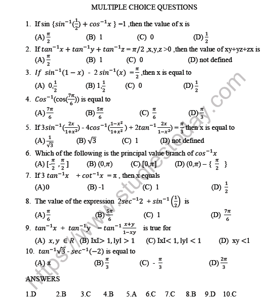 CBSE Class 12 Mathematics Inverse Trigonometric Functions MCQs Set A