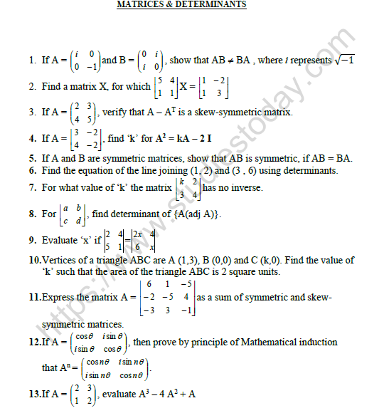 CBSE Class 12 Mathematics Matrices And Determinants Worksheet Set A 1