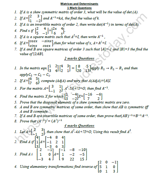 CBSE Class 12 Mathematics Matrices And Determinants Worksheet Set C 1