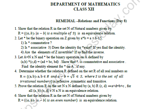 CBSE Class 12 Mathematics Relation And Function Worksheet Set A