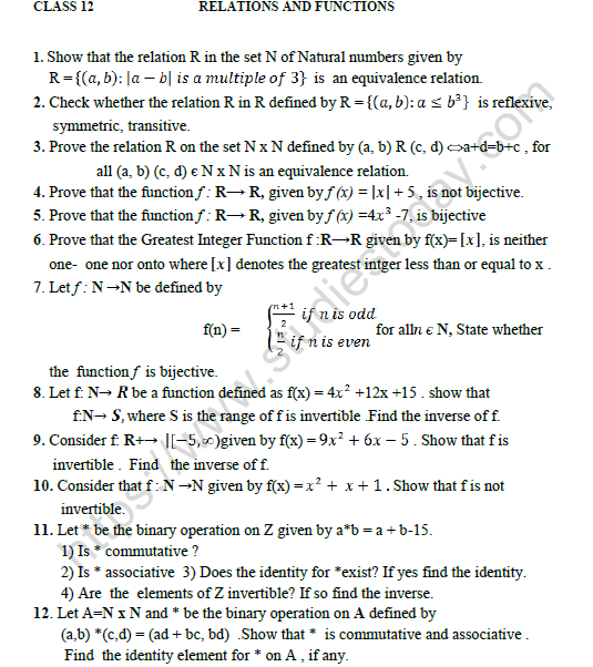 CBSE Class 12 Mathematics Relation And Function Worksheet Set B 1