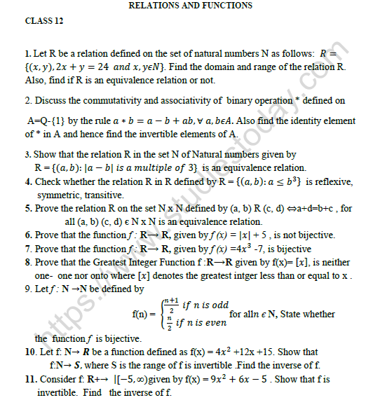 CBSE Class 12 Mathematics Relation And Function Worksheet Set C 1