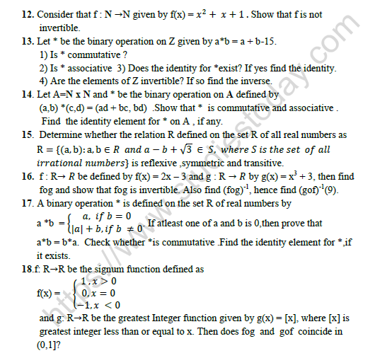 CBSE Class 12 Mathematics Relation And Function Worksheet Set C 2