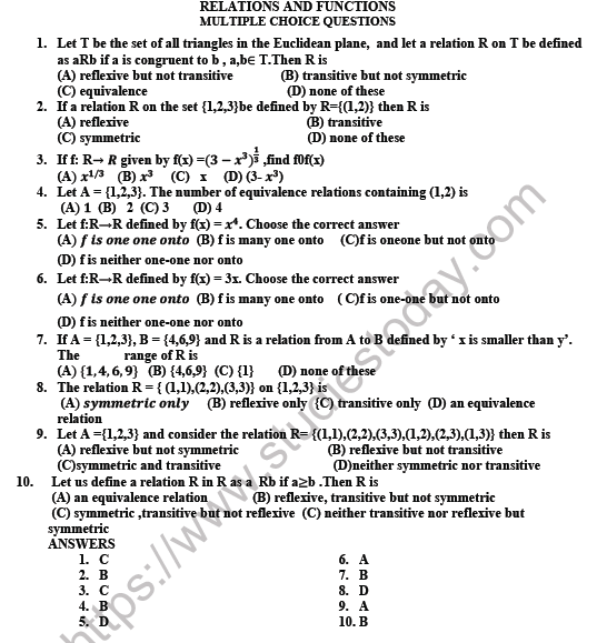CBSE Class 12 Mathematics Relations and Functions MCQs Set A