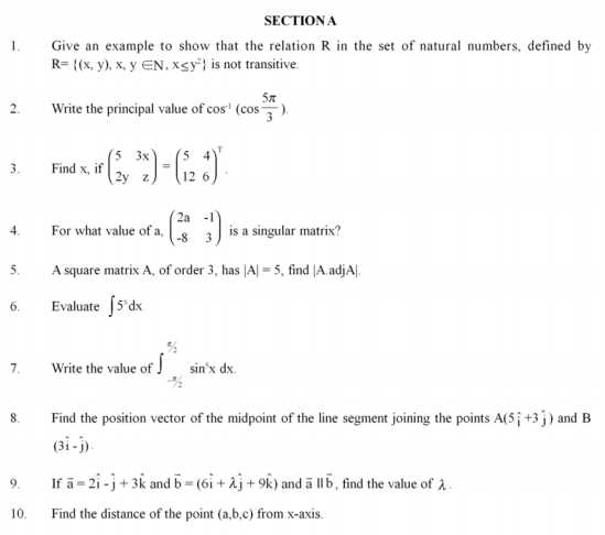 CBSE Class 12 Mathematics Sample Paper Solved Set A