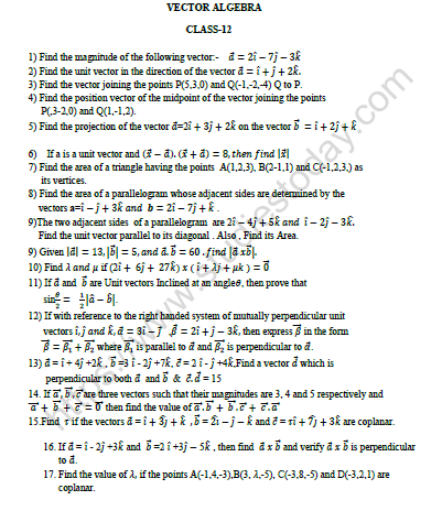 CBSE Class 12 Mathematics Vector Algebra Worksheet Set A