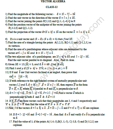 CBSE Class 12 Mathematics Vector Algebra Worksheet Set B