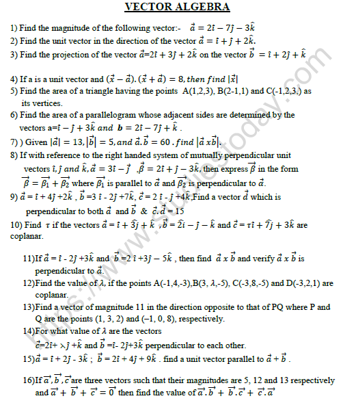 CBSE Class 12 Mathematics Vector Algebra Worksheet