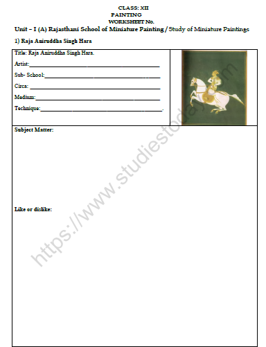 CBSE Class 12 Painting Raja Aniruddha Singh Hara Worksheet 1