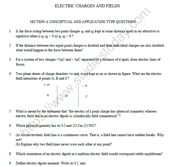CBSE Class 12 Physics Electric Charges And Fields Worksheet Set D 1
