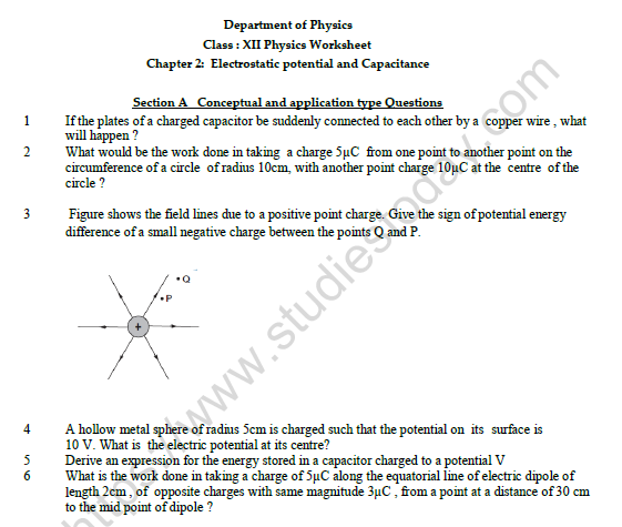 CBSE Class 12 Physics Electrostatic Potential And Capacitance Worksheet Set C 1