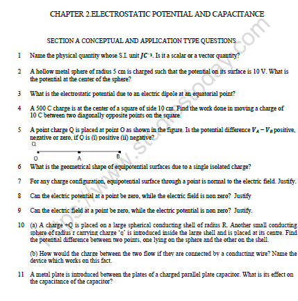 CBSE Class 12 Physics Electrostatic Potential And Capacitance Worksheet Set D 1