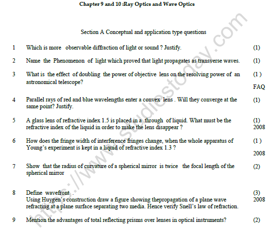 CBSE Class 12 Physics Ray Optics And Wave Optics Worksheet 1