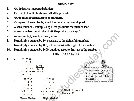 CBSE Class 3 Maths Multiplication Summary and Worksheet 1