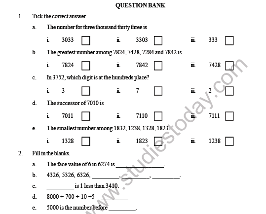 CBSE Class 3 Maths Number upto 9999 Question Bank 1