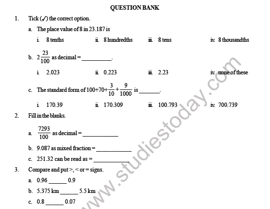CBSE Class 4 Maths Decimals Question Bank 1
