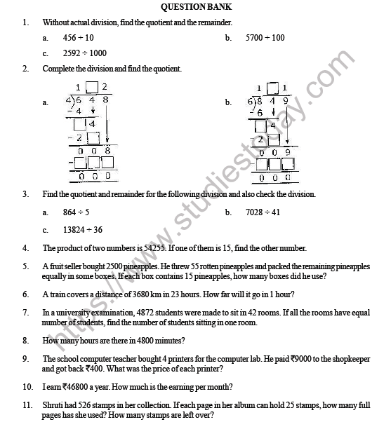 CBSE Class 4 Maths Division Question bank 1